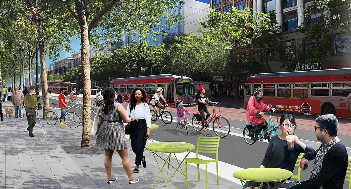 Renderings from the Better Market Street Project show what the updates on Market Street could look like, including expanded sidewalk areas which will include bike lanes.