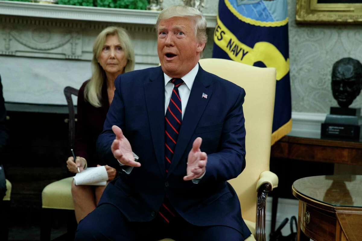 President Donald Trump speaks during a meeting with Italian President Sergio Mattarella in the Oval Office of the White House, Wednesday, Oct. 16, 2019, in Washington. (AP Photo/Evan Vucci)