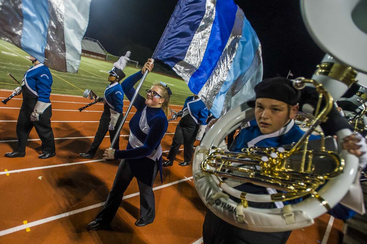 High school marching bands from Midland and surrounding communities gather for the annual Midland Marching Band Showcase Wednesday, Oct. 16, 2019 at Midland Community Stadium. (Katy Kildee/kkildee@mdn.net)