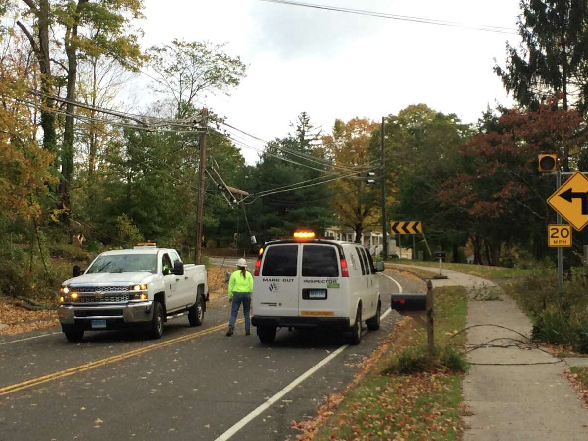 A downed utility pole on Daniels Farm Road knocked out power to the area, including Trumbull Center south of White Plains Road.