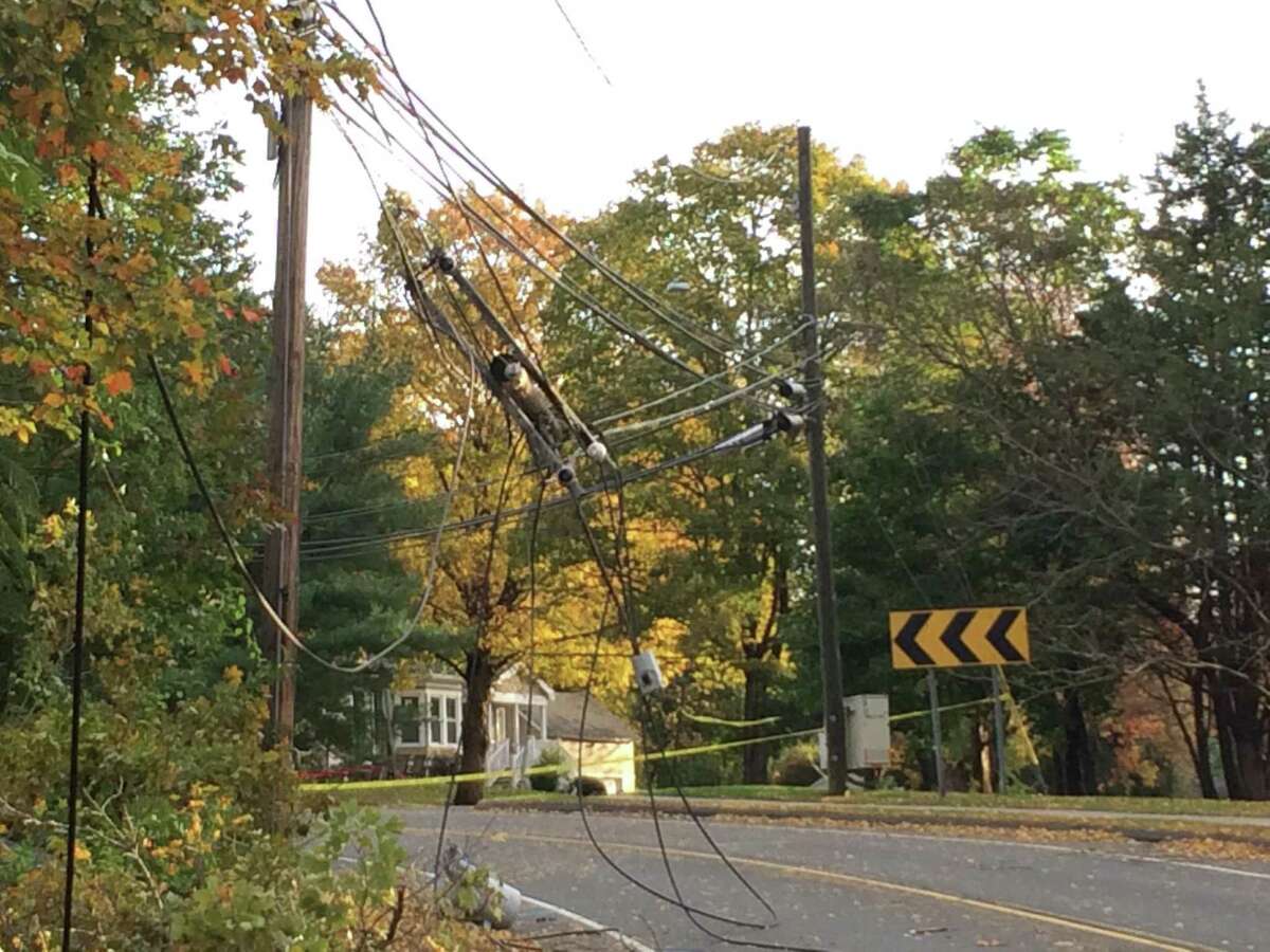 A downed utility pole on Daniels Farm Road knocked out power to the area, including Trumbull Center south of White Plains Road.