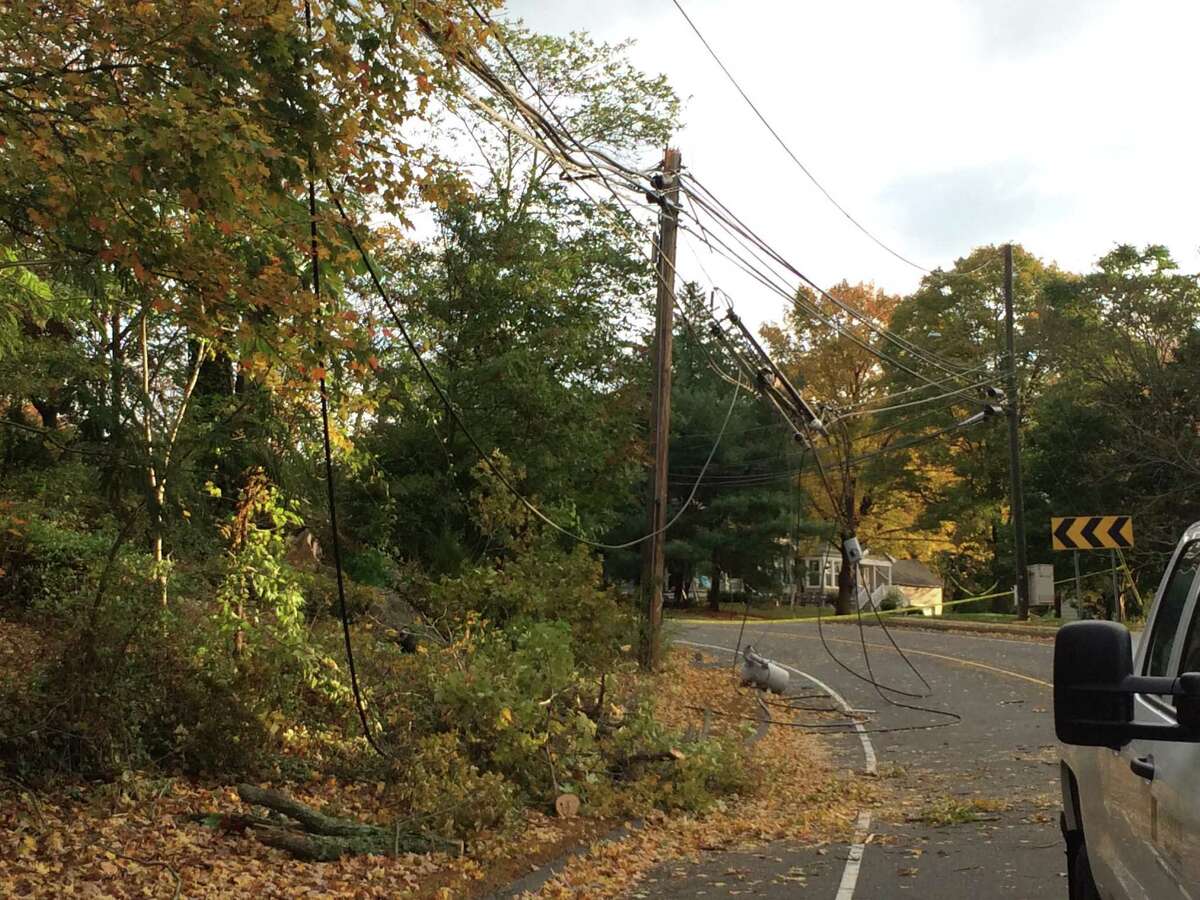 A downed utility pole on Daniels Farm Road knocked out power to the area, including Trumbull Center south of White Plains Road.