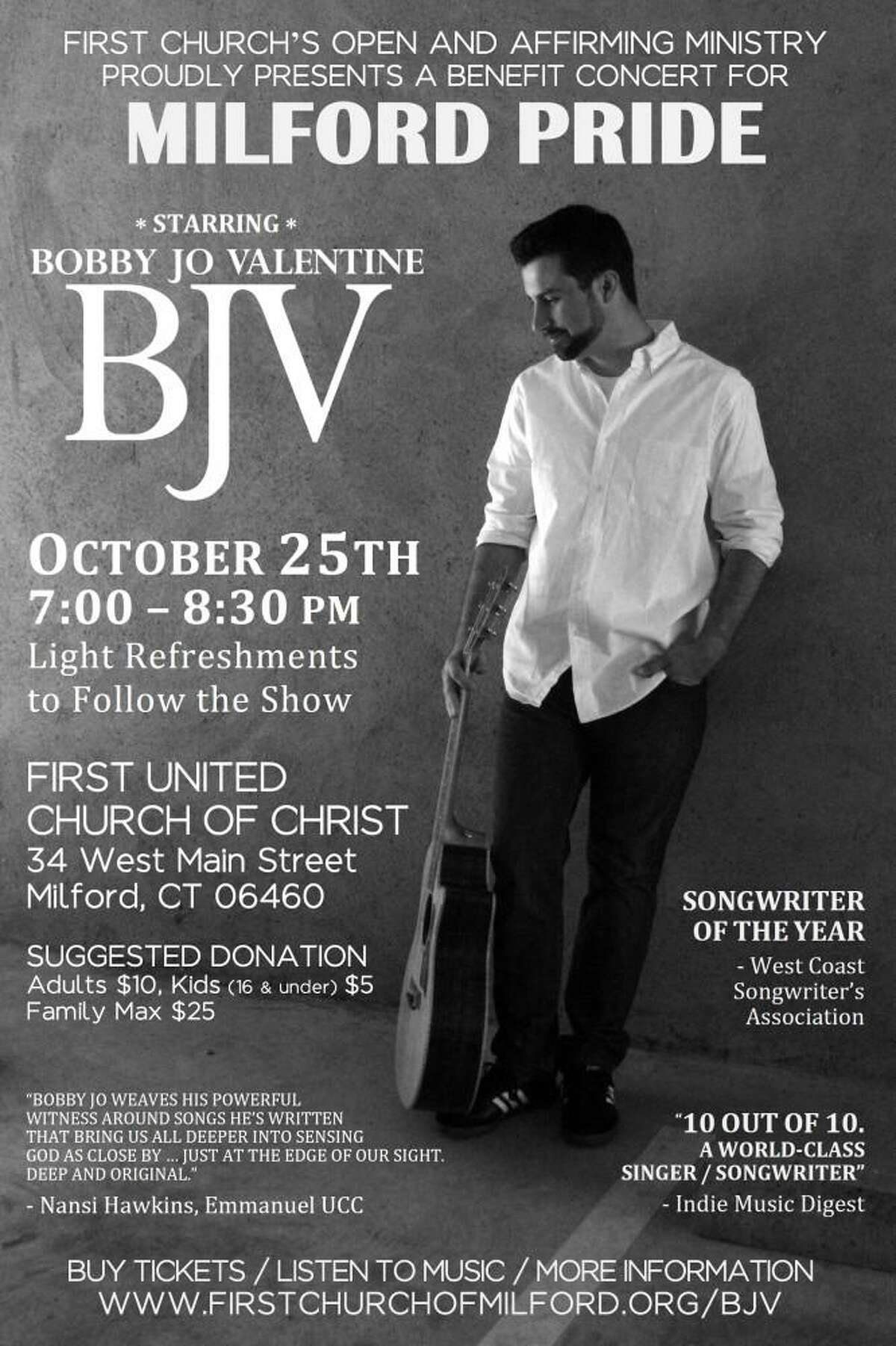 Three Milford churches have come together to sponsor a family-friendly evening of folk/pop music starring award winning singer-songwriter Bobby Jo Valentine in a benefit concert for local LGBTQ+ advocacy group, Milford Pride on Friday, Oct. 25.