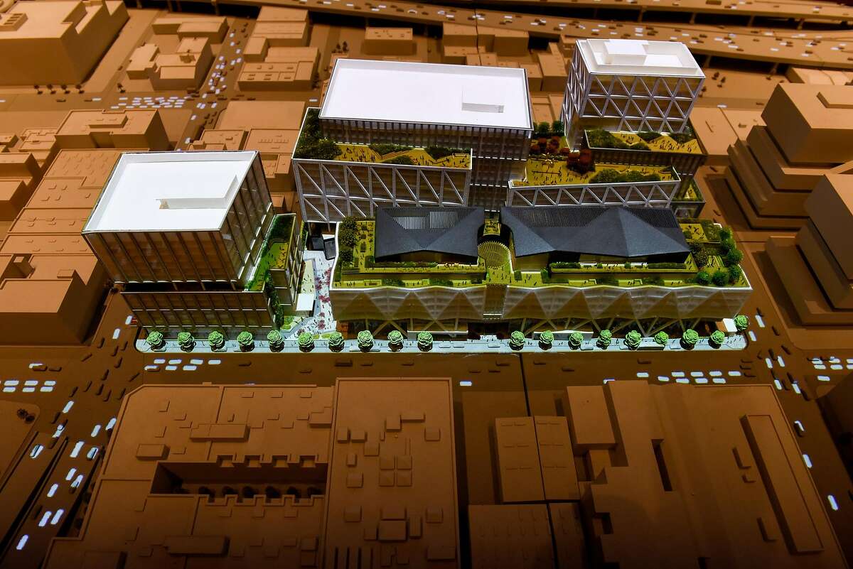 An architectural model depicts developer Kilroy’s SF Flower Mart project at their Innovation Center on October 16, 2019 in San Francisco, Calif.