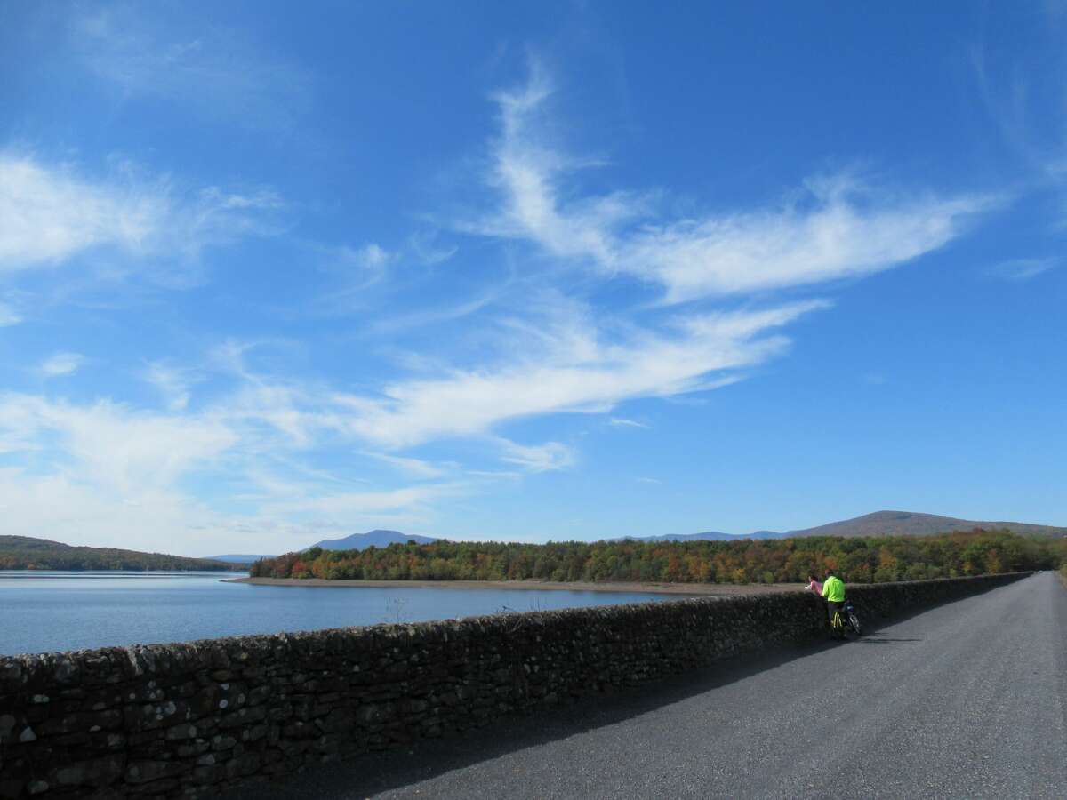 The Ashokan Rail Trail, which opened to the public today, offers views of the Ashokan Reservoir and the Catskill Mountains. (Gillian Scott / Special to the Times Union)