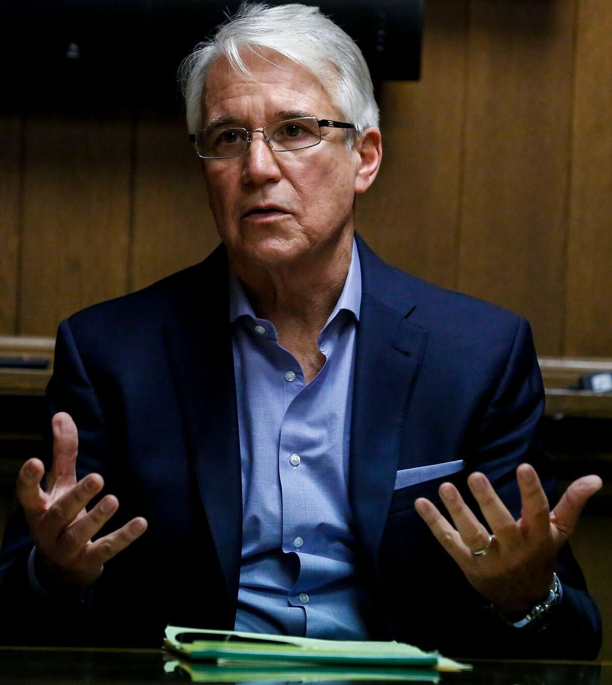 District Attorney George Gascon speaks to reporters during an editorial board meeting at the San Francisco Chronicle board room Wednesday, July 10, 2019, in San Francisco, Calif.