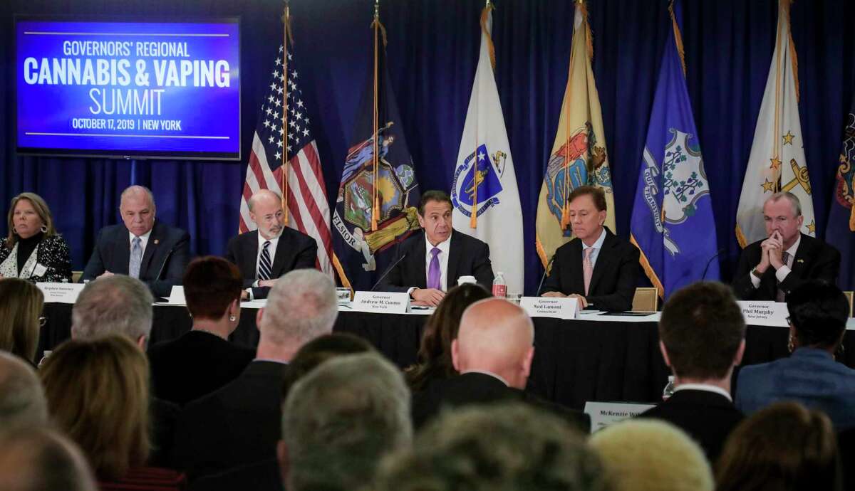 Pennsylvania Gov. Tom Wolf, third from left, New York Gov. Andrew Cuomo, center, Connecticut Gov. Ned Lamont, second from right, and New Jersey Gov. Phil Murphy, right, co-host a regional summit on public health issues around cannabis and vaping, Thursday Oct. 17, 2019, in New York. (AP Photo/Bebeto Matthews)