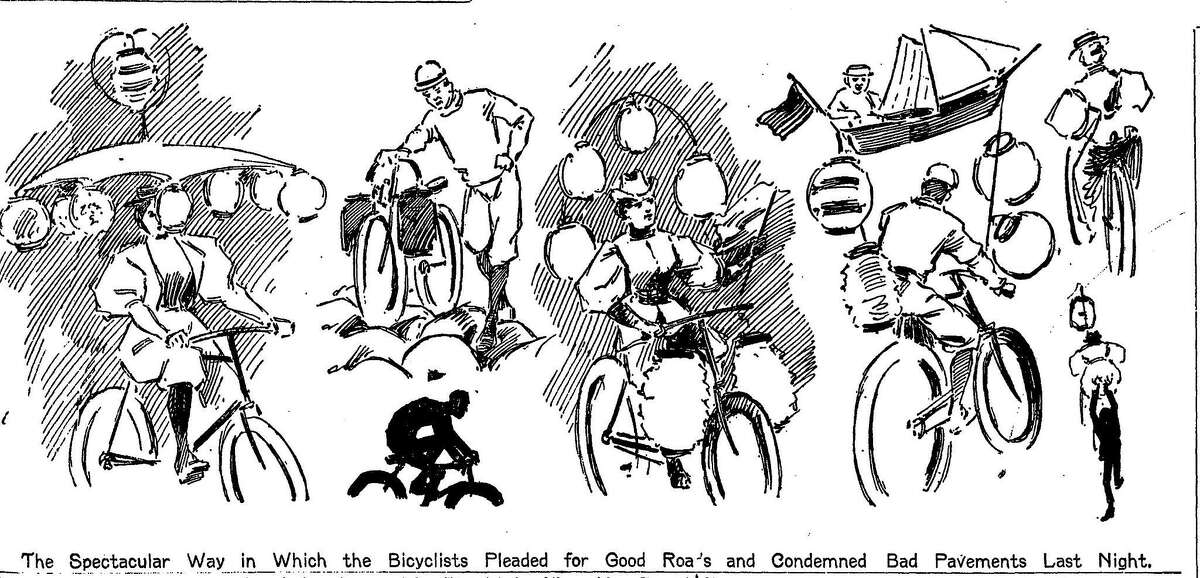 Local bicycle enthusiasts rode through San Francisco to protest terrible road conditions July 26, 1896. Some bicyclists decorated their bike to further draw attention to their concerns.