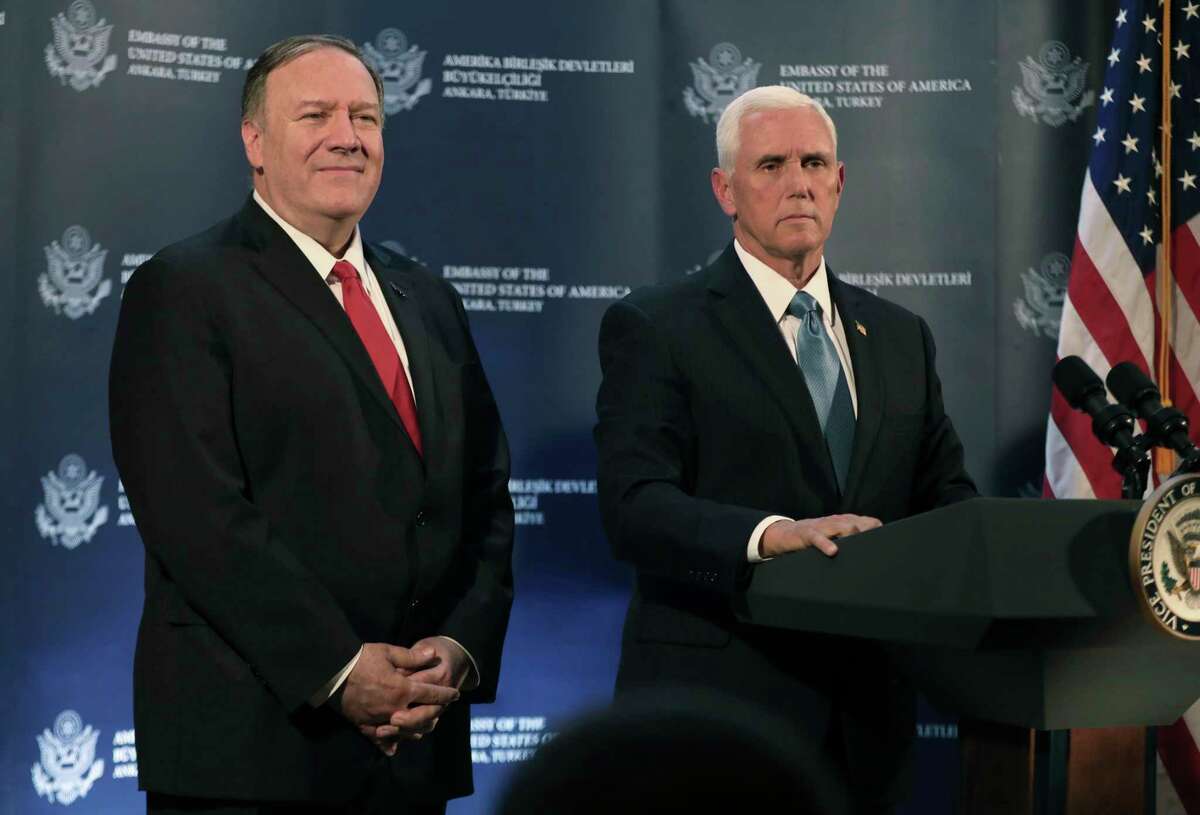 U.S. Vice President Mike Pence, right, speaks at the U.S. ambassador's residence during a news conference with Secretary of State Mike Pompeo, left, after their meeting with Turkish President Recep Tayyip Erdogan, in Ankara, Turkey, Thursday, Oct. 17, 2019. Pence announced that the U.S. and Turkey had agreed to a five-day cease-fire in northern Syria to allow for a Kurdish withdrawal from a security zone roughly 20 miles south of the Turkish border, in what appeared to be a significant embrace of Turkey's position in the week-long conflict. (AP Photo/Burhan Ozbilici)