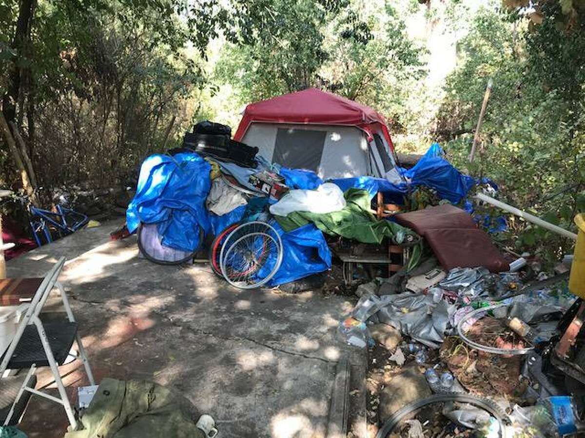 Tent at a Castro Valley homeless camp where four were arrested and two dogs were shot Thursday, Oct. 17, 2019.