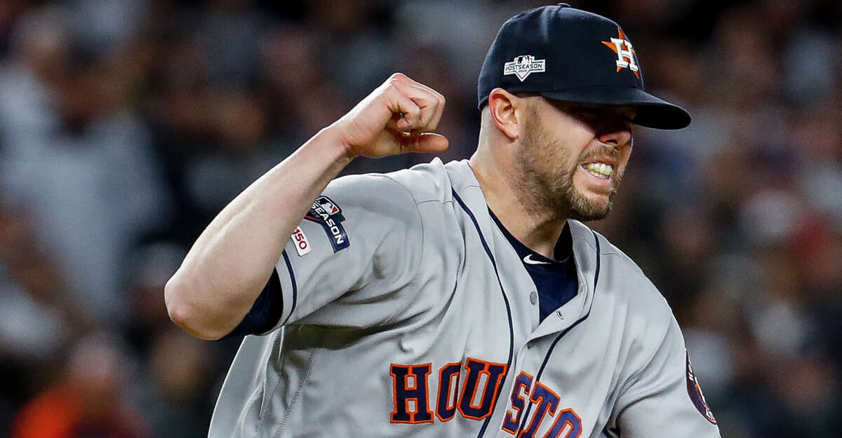 Houston Astros relief pitcher Ryan Pressly (55) reacts after striking out New York Yankees designated hitter Edwin Encarnacion to end the fifth inning of Game 4 of the American League Championship Series at Yankee Stadium on Thursday, Oct. 17, 2019, in New York.