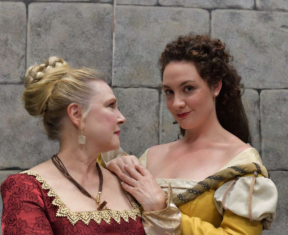 Deborah Carlson as Queen Eleanor and Sally Rose Zuckert as Alais, King Henry's mistress, in The Wilton Playshop’s production of “The Lion in Winter.”