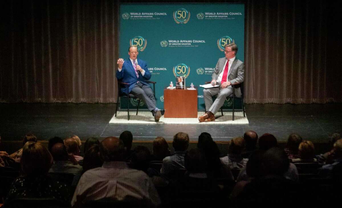 Former White House press secretary Sean Spicer, left, speaks to the crowd as Ronan O’Malley, World Affairs Council of Greater Houston director of programs, moderates during an event hosted by the World Affairs Council of Greater Houston on Wednesday, October 16, 2019 at The John Cooper School in The Woodlands.