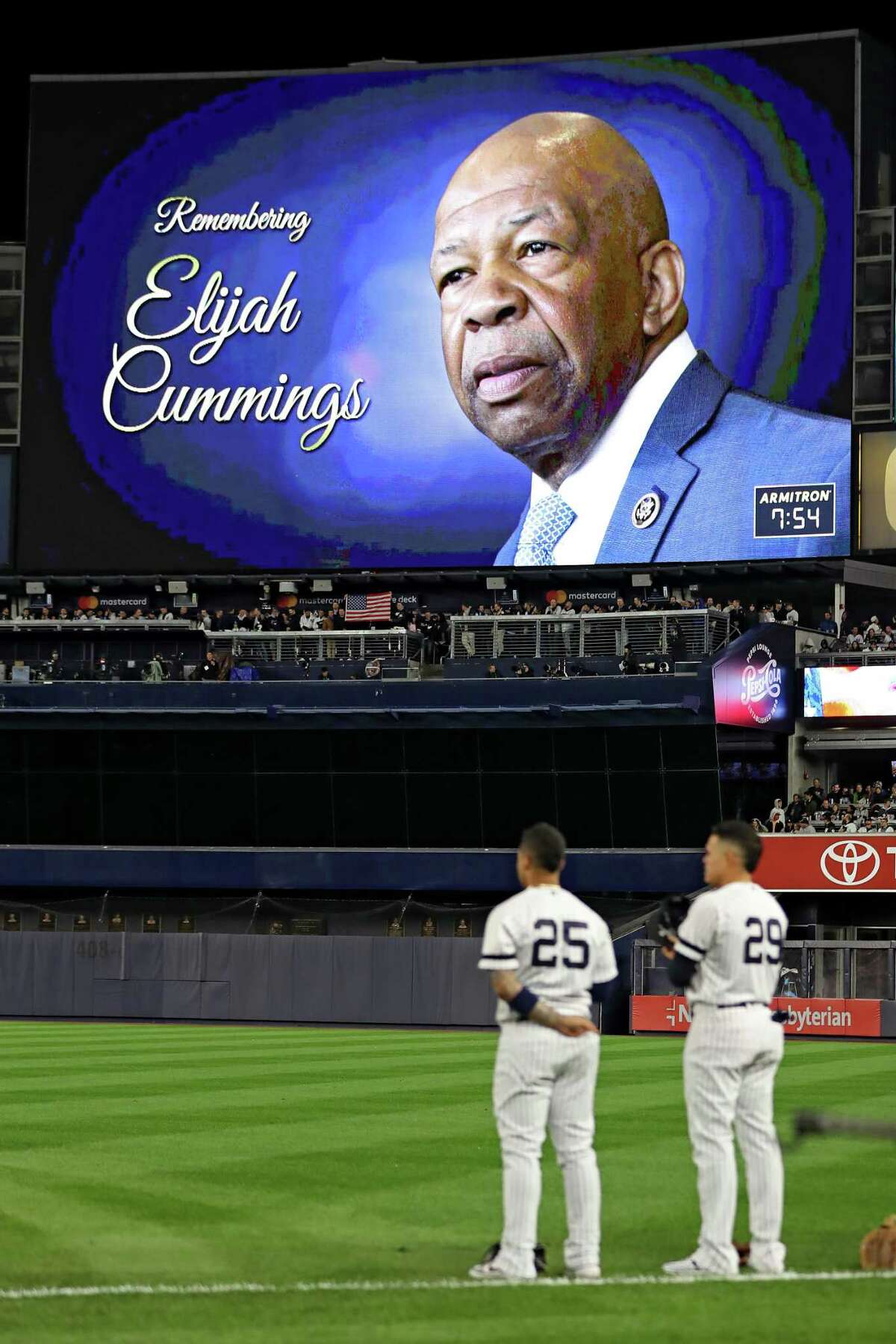 A moment of silence is held in honor of Elijah Cummings prior to game four of the American League Championship Series between the Houston Astros and the New York Yankees at Yankee Stadium on Oct. 17 in New York City.