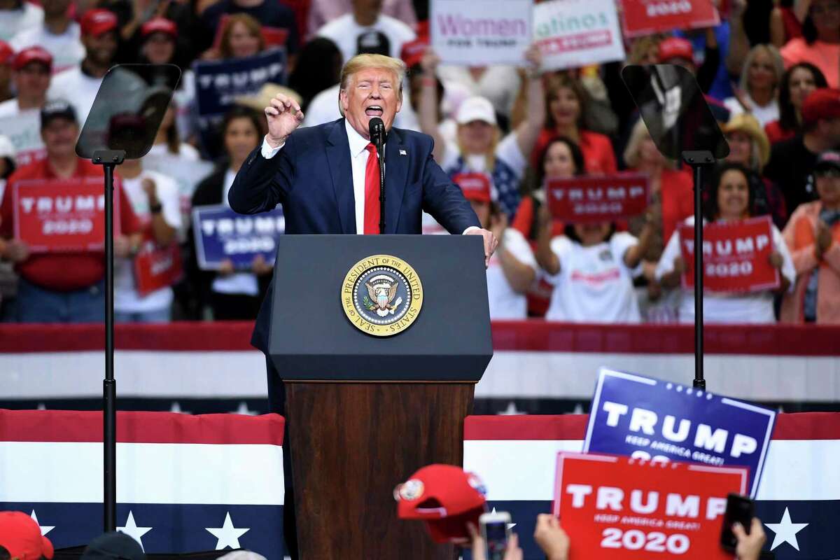 President Donald Trump speaks during a campaign rally, Thursday, Oct. 17, 2019, at the American Airlines Center in Dallas. (AP Photo/Jeffrey McWhorter)