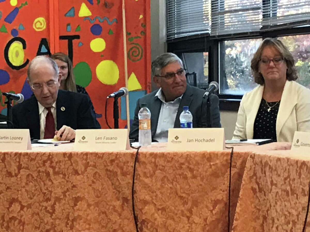 State Sens. Martin Looney and Len Fasano and American Federation of Teachers Connecticut President Jan Hochadel on Oct. 18, 2019.
