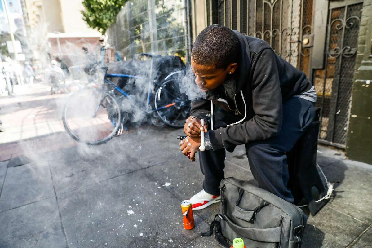 Rockey uses crystal meth on Ellis Street in San Francisco, California, on Monday, Oct. 14, 2019. A new report reveals 441 people died in San Francisco of an overdose in 2019. That is more than one drug-related death per day for an entire year, and an astronomical jump from the 259 overdoses recorded in 2018.