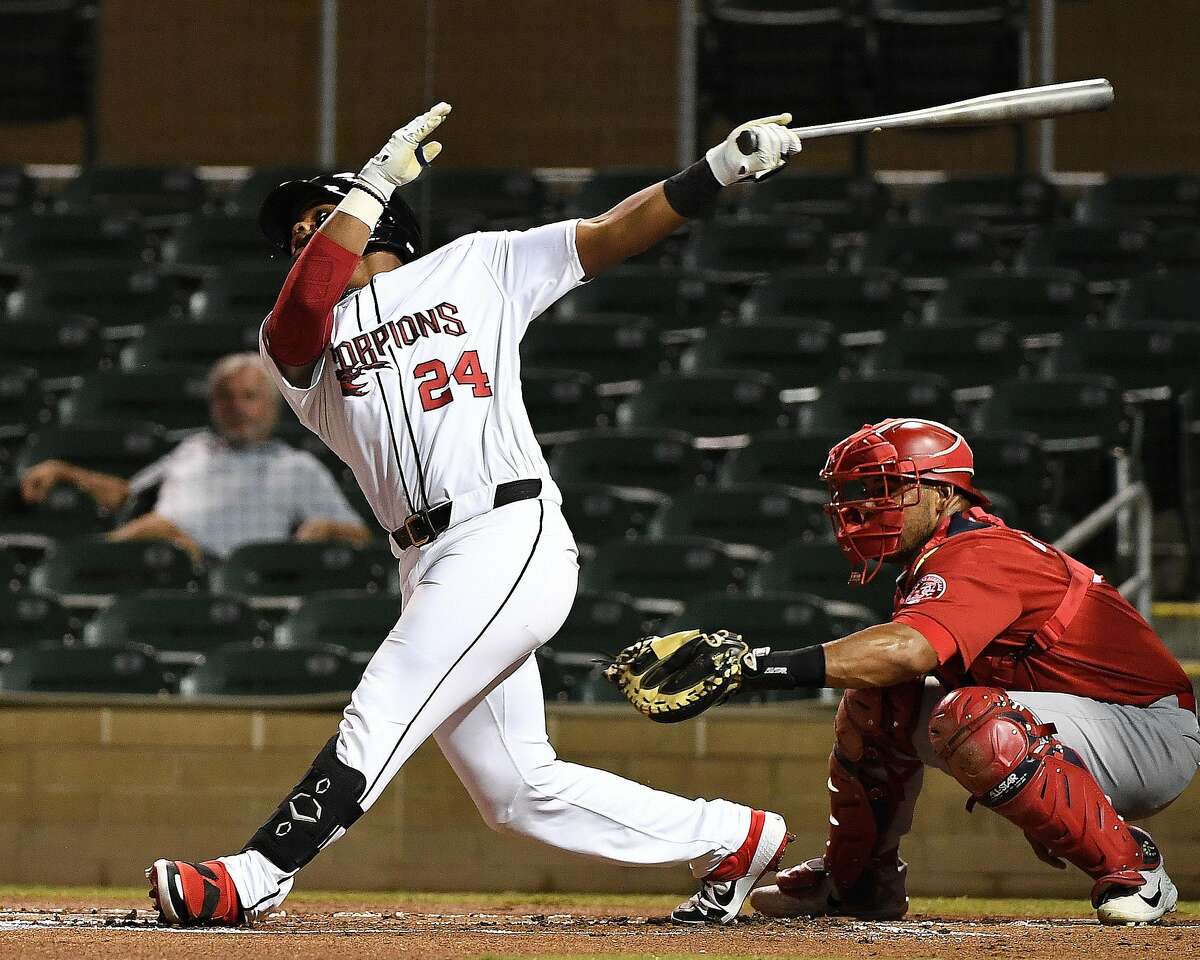 SCOTTSDALE, AZ - SEPTEMBER 25: Heliot Ramos #24 of the Scottsdale Scorpions bats against the Aguilas de Mexicali at Salt River Fields at Talking Stick on Wednesday, September 25, 2019 in Scottsdale, Arizona.