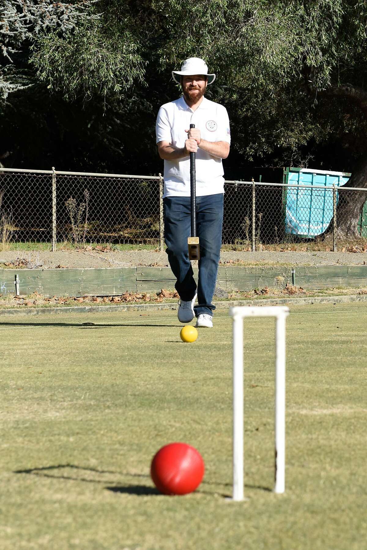 Ben Rothman, world champion of golf croquet, practices at the Oakland Croquet Club on October 17, 2019 in Oakland, Calif.