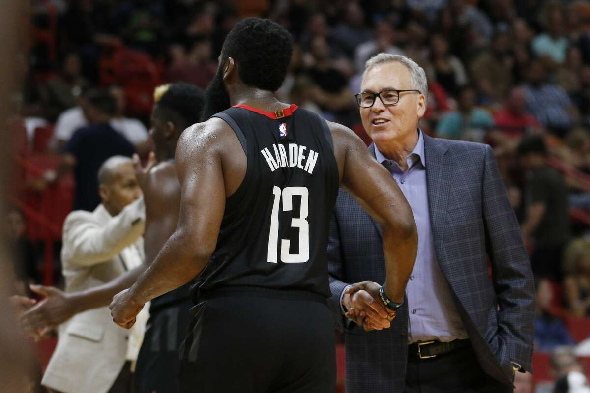 PHOTOS: Rockets preseason vs. Spurs  Houston Rockets coach Mike D'Antoni congratulates guard James Harden as Harden leaves in the fourth quarter of the team's NBA preseason basketball game against the Miami Heat on Friday, Oct. 18, 2019, in Miami. The Rockets won 144-133. (AP Photo/Joe Skipper) >>>See more photos from the Rockets' preseason finale ... 