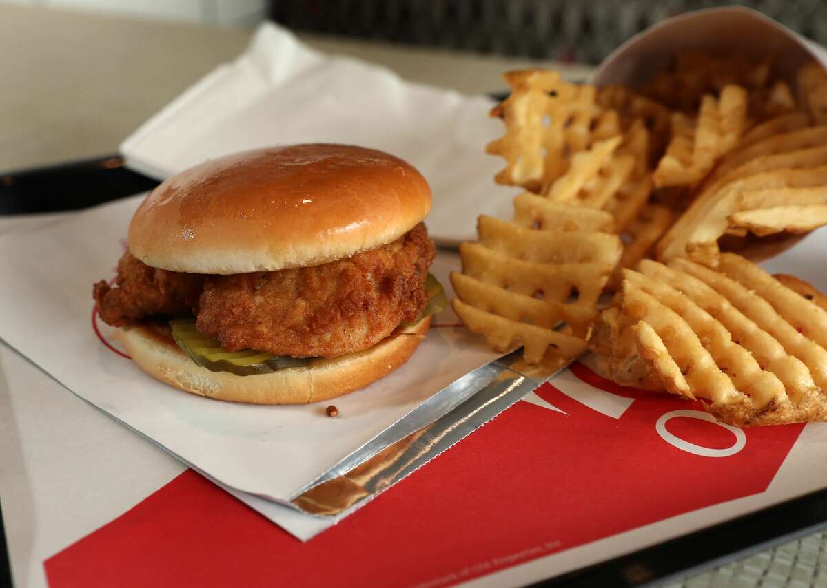 DEDHAM, MA - NOVEMBER 8: A chicken sandwich with waffle fries is pictured at the Chick-Fil-A restaurant in Dedham, MA on Nov. 8, 2017. (Photo by David L. Ryan/The Boston Globe via Getty Images)