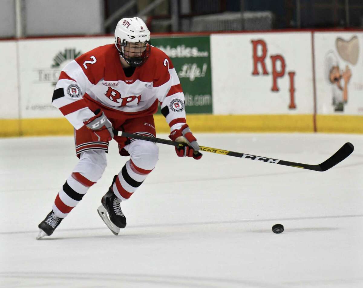 Rensselaer Polytechnic Institute defenseman Simon Kjellberg (2) moves the puck against Canisius during the second period of an NCAA college hockey game Saturday, Oct. 19, 2019, in Troy, N.Y. (Hans Pennink / Special to the Times Union)