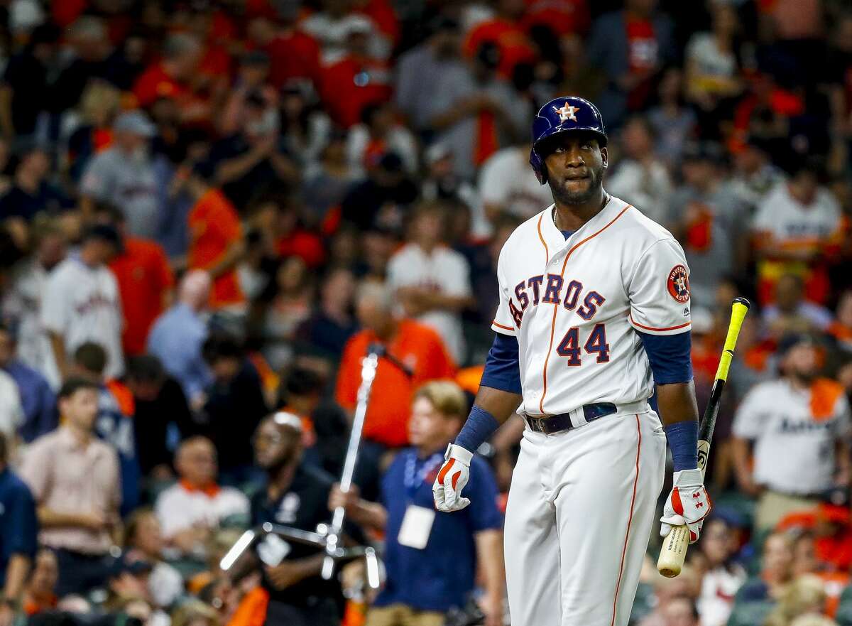Houston Astros designated hitter Yordan Alvarez (44) strikes out swinging, stranding two runners, to end the sixth inning of Game 6 of the American League Championship Series at Minute Maid Park in Houston on Saturday, Oct. 19, 2019.