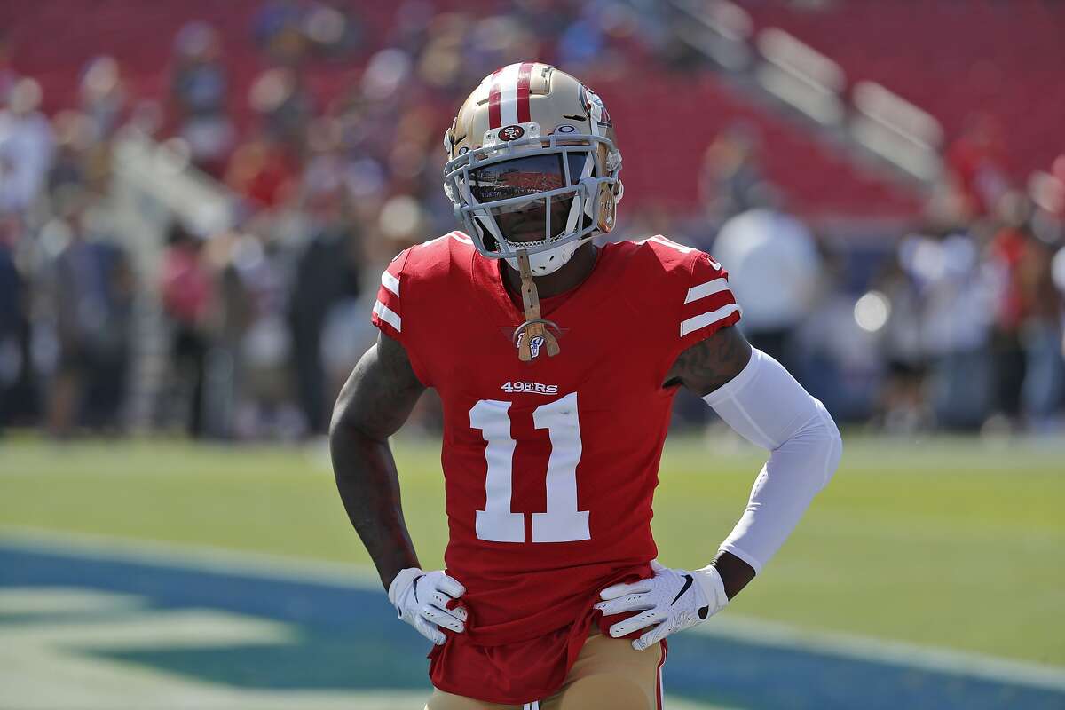 December 23, 2018: San Francisco 49ers wide receiver Marquise Goodwin (11)  looks skyward prior to the NFL football game between the Chicago Bears and  the San Francisco 49ers at Levi's Stadium in