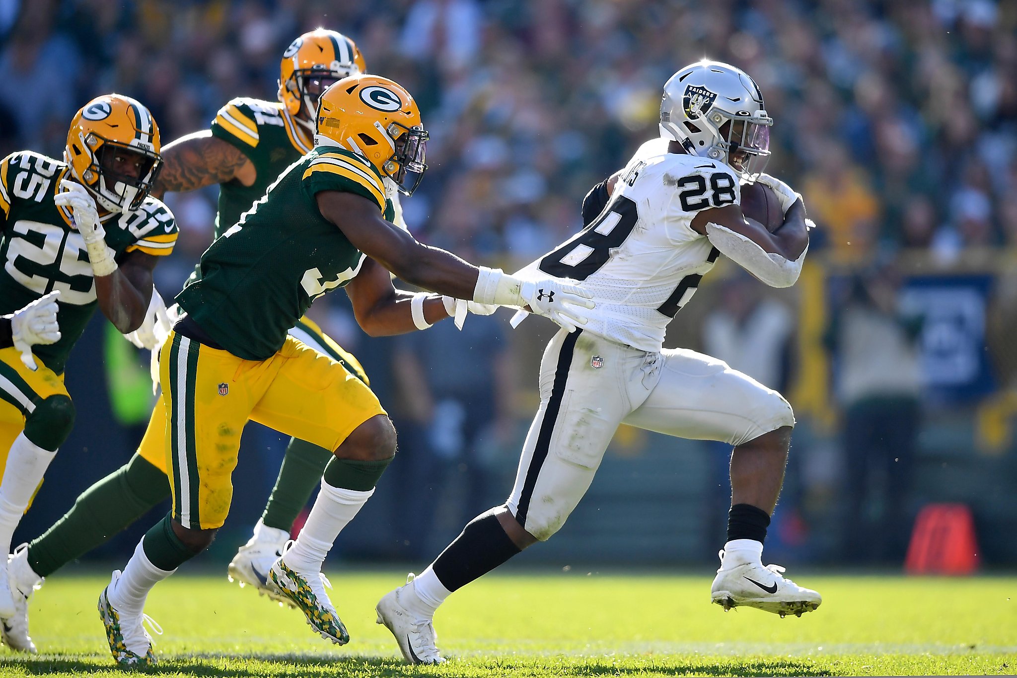 Green Bay, WI, USA. 20th Oct, 2019. Green Bay Packers strong safety Adrian  Amos #31 during the NFL Football game between the Oakland Raiders and the Green  Bay Packers at Lambeau Field