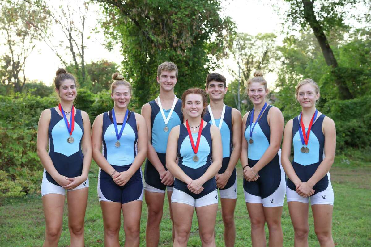 Competing for the New Milford-based GMS Rowing Center, several Ridgefielders won medals the Tail of the Fish Regatta in Saratoga Springs, N.Y. Left to right: Jillian Skor, Sarah Rapaglia, Xander van den Nieuwenhuizen, Sage Siegel, Gavin Wainright, Katie Rapaglia, and Claire Poremba. Poremba also earned a medal at the Green Mountain Head Regatta in Putney, VT.