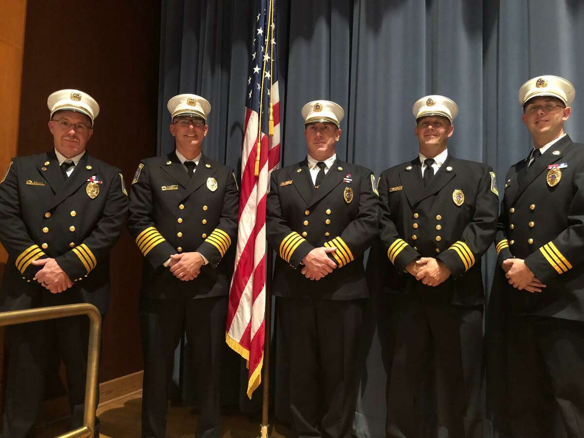 The Shelton Fire Department honored its own Oct. 16 at the awards and promotion ceremony at Shelton Intermediate School. Pictured are, left to right, Assistant Fire Chief Shaun Wheeler, Fire Chief Francis T. Jones III, Deputy Fire Chief Paul Wilson, Assistant Fire Chief Nicholas Verdicchio and Assistant Fire Chief Michael Plavcan.
