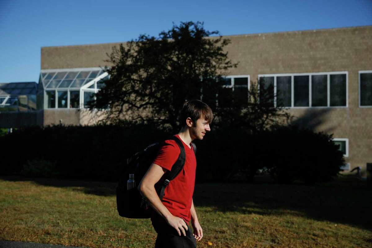 First-year student Devin Forgue, 19, on Hampshire College campus in Amherst, Mass. His freshman class started with 13 students (one has since dropped out).