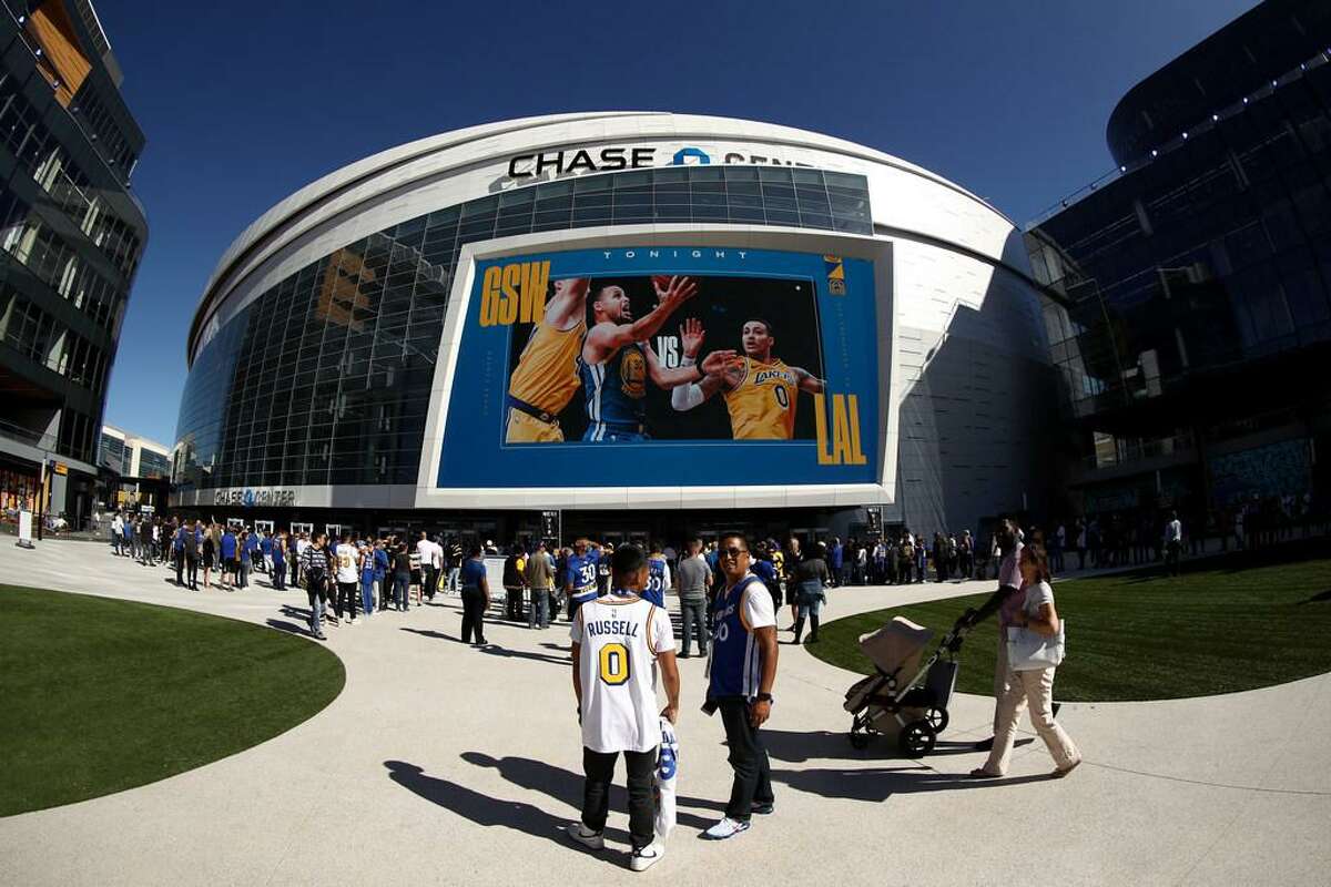 n exterior view of the Chase Center before the Golden State Warriors game against the Los Angeles Lakers on October 05, 2019 in San Francisco, California.