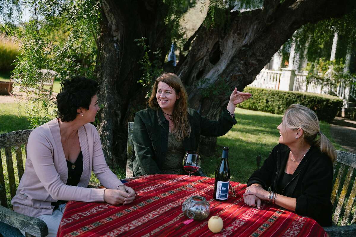 (Left to right) Blue Farm estate director, Jessica Case, Amy Bess Cook, owner of Woman-Owned Wineries, and Vineyard owner Anne Moller-Racke, sit for a photo at Blue Farm Vineyards in Sonoma, Calif. on Monday, Oct. 14, 2019.