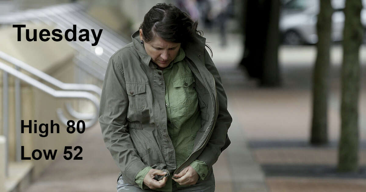 Lara Anne zips up her jacket as a gust of wind hits her outside the Harris County Courthouse Wednesday, Oct. 16, 2019, in Houston. A cold front and scattered rains are affecting the greater Houston area.