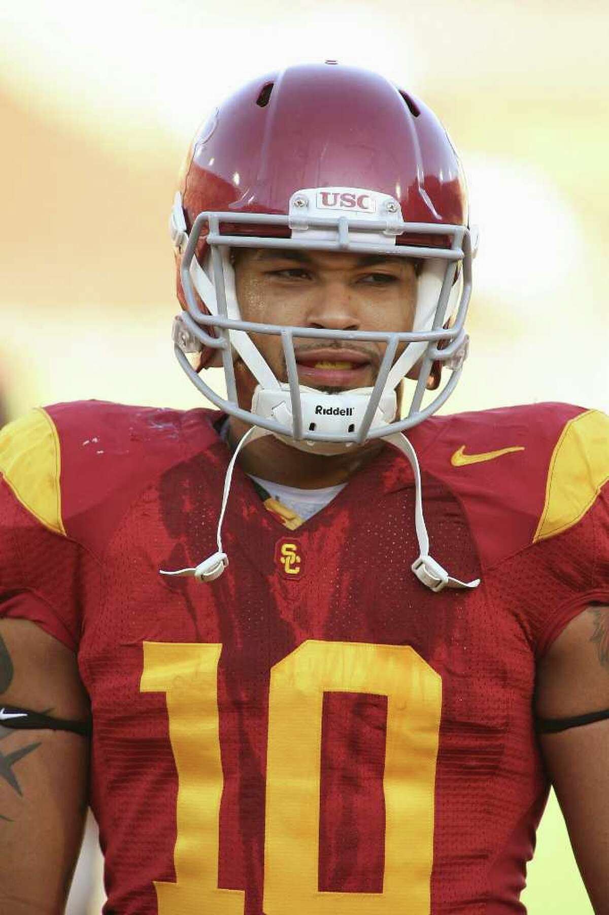 LOS ANGELES, CA - OCTOBER 24: D.J. Shoemate #10 of the USC Trojans looks on before the game against the Oregon State Beavers on October 24, 2009 at the Los Angeles Coliseum in Los Angeles, California. USC won 42-36. (Photo by Jeff Golden/Getty Images)