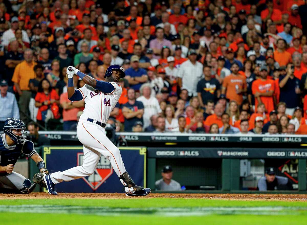 Astros designated hitter Yordan Alvarez comes up empty during Game 6 of the ALCS, one of 12 strikeouts in 22 at-bats in that series.