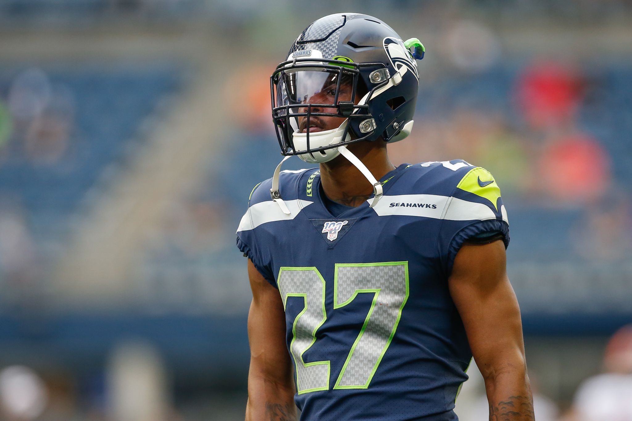 Seattle Seahawks safety Marquise Blair (27) during an NFL football game  against the Denver Broncos, Monday, Sept. 12, 2022, in Seattle, WA. The  Seahawks defeated the Bears 17-16. (AP Photo/Ben VanHouten Stock Photo -  Alamy