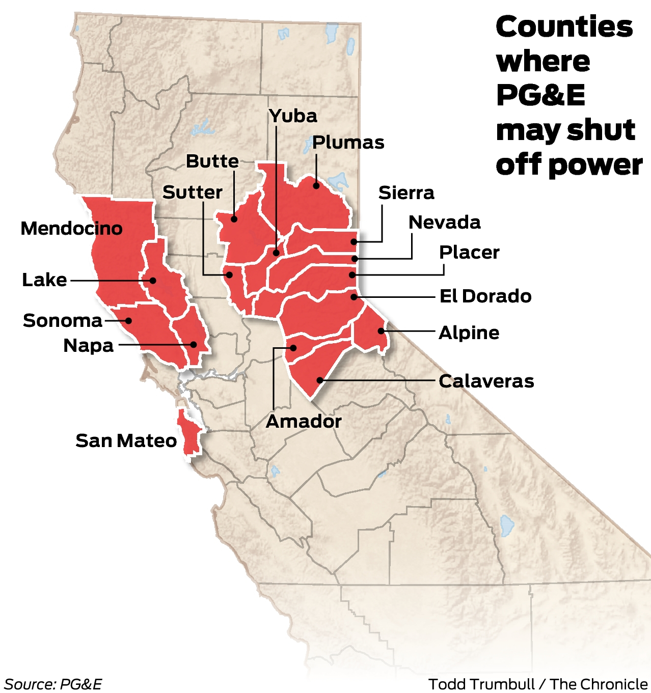 Updated list of counties, cities affected by Tuesday-Wednesday PG&E power  outage