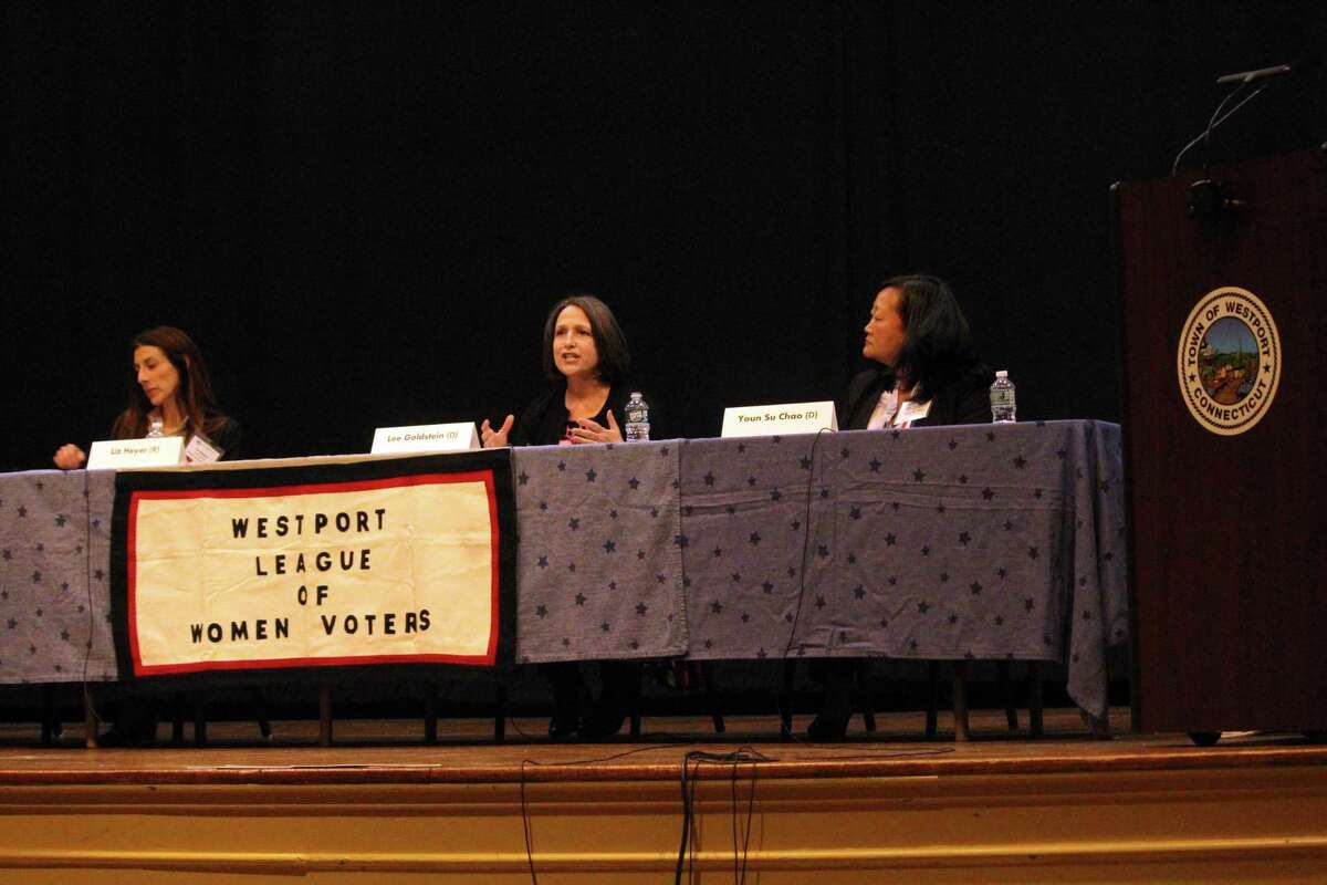 From left: Board of Education candidates Liz Heyer, Lee Goldstein and Youn Su Chao at Monday night's debate for candidates. Taken Oct. 21, 2019 in Westport, Conn.
