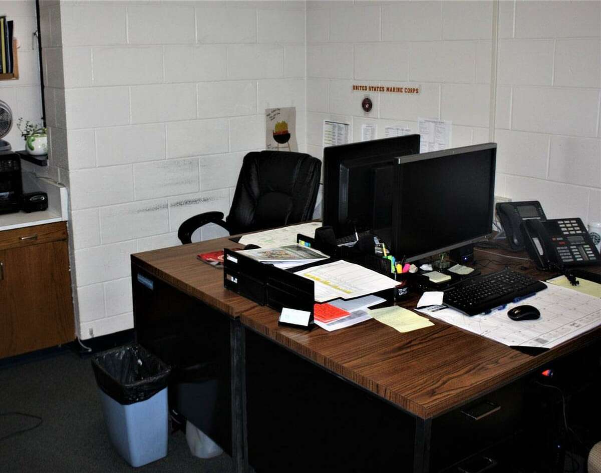 A victim of overcrowding, what was originally designed as an interview room at the Wilton Police Department is now an office for two lieutenants.