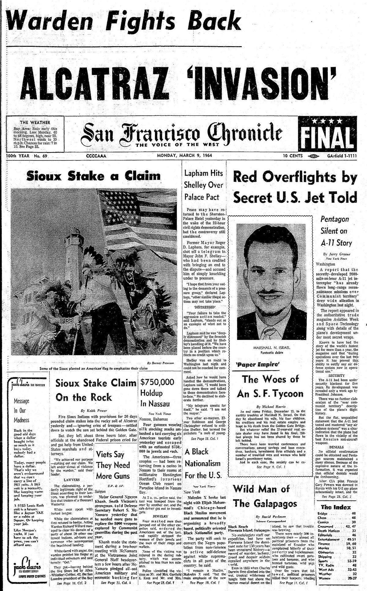 March 9, 1964 Chronicle front page coverage of a group of Sioux Indians who take a boat to Alcatraz, the former island federal prison, and claimed it for the Indian nation