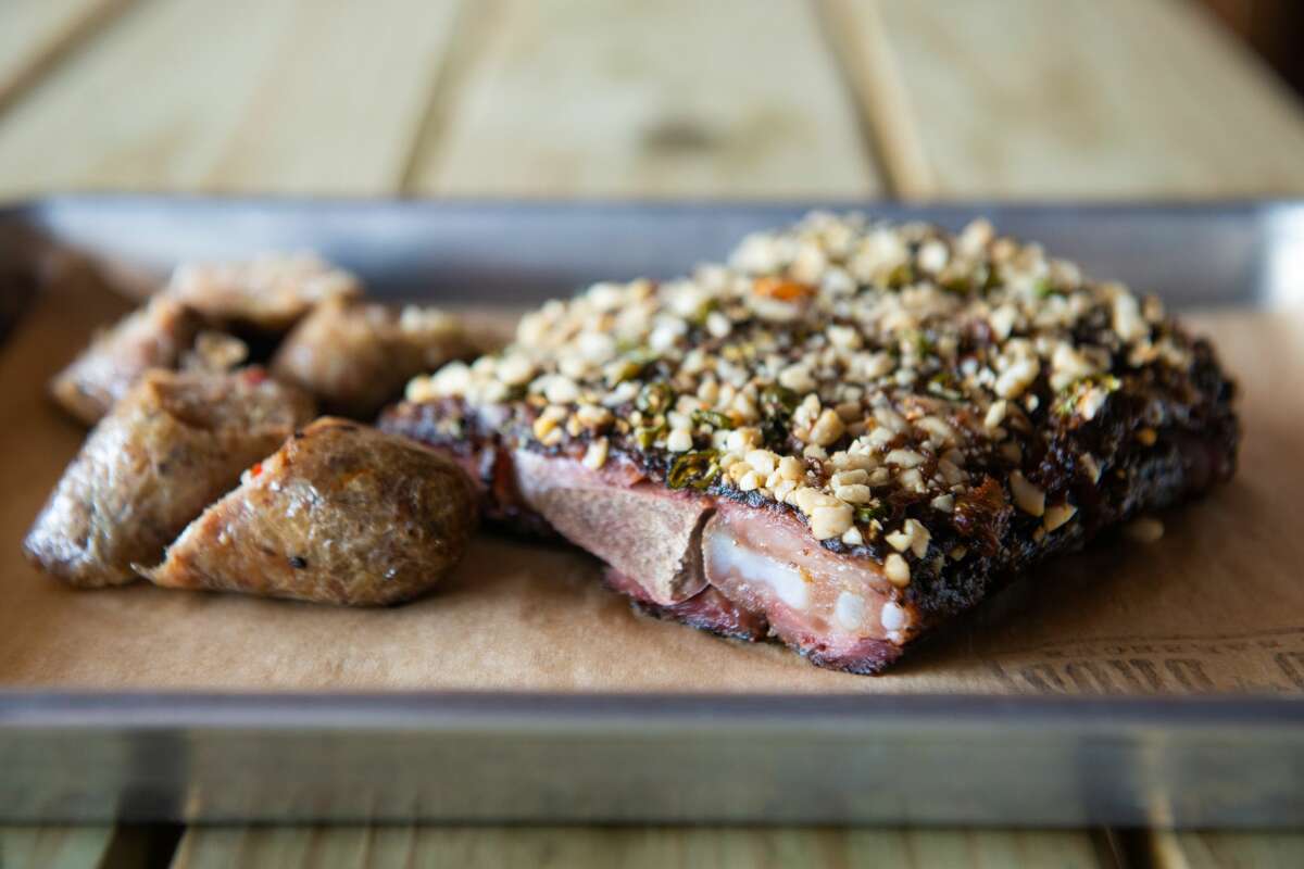 Thai green curry boudin and Thai peanut butter sticky ribs at Blood Bros. BBQ.