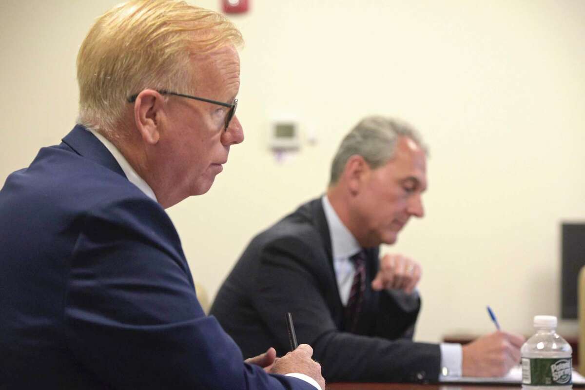 Mayoral candidates for Danbury, Republican incumbent Mark Boughton, left, and Democratic challenger Chris Setaro during an editorial board interview. Tuesday, October 22, 2019, in Danbury, Conn.