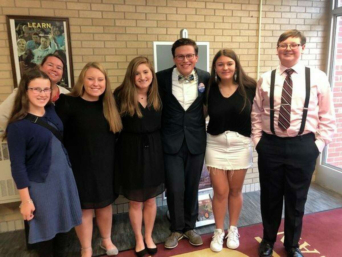 Manistee Youth in Government representatives are shown at the recent fall conference at Central Michigan University. Shown (left to right) in the front row are Anna Herberger, Lilly Sagala, Grace Danison, Ryan Biller, Breanna Whitmer and Brandon Sullivan. (Courtesy photo)