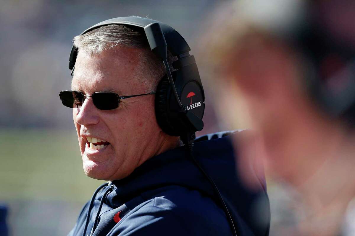 UConn coach Randy Edsall stands on the sidelines during the second half of an NCAA college football game against South Florida in East Hartford on Saturday, Oct. 5, 2019.