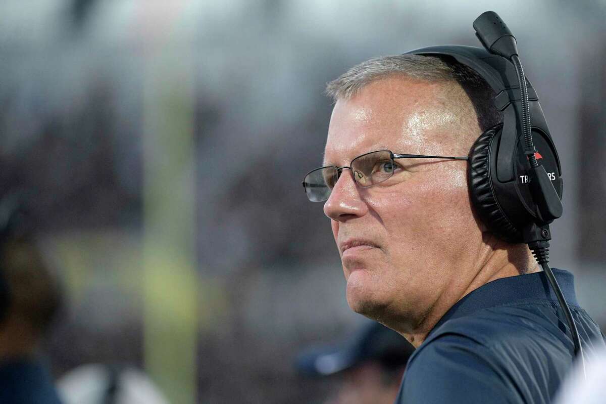UConn coach Randy Edsall watches from the sideline during the first half against Central Florida in 2019 in Orlando, Fla.