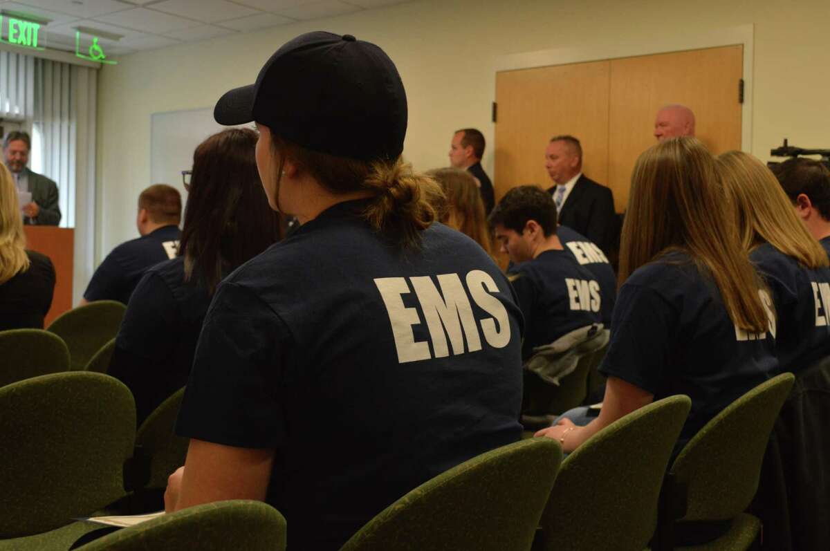 Quinnipiac University students part of the Res-Q Campus Emergency Medical Service program received ceremonial pins and certificates Oct. 22, 2019.