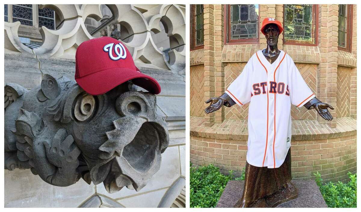 Left: A gargoyle at Washington National Cathedral. Right: An Altuve-jerseyed Jesus outside Houston's Christ Church Cathedral.