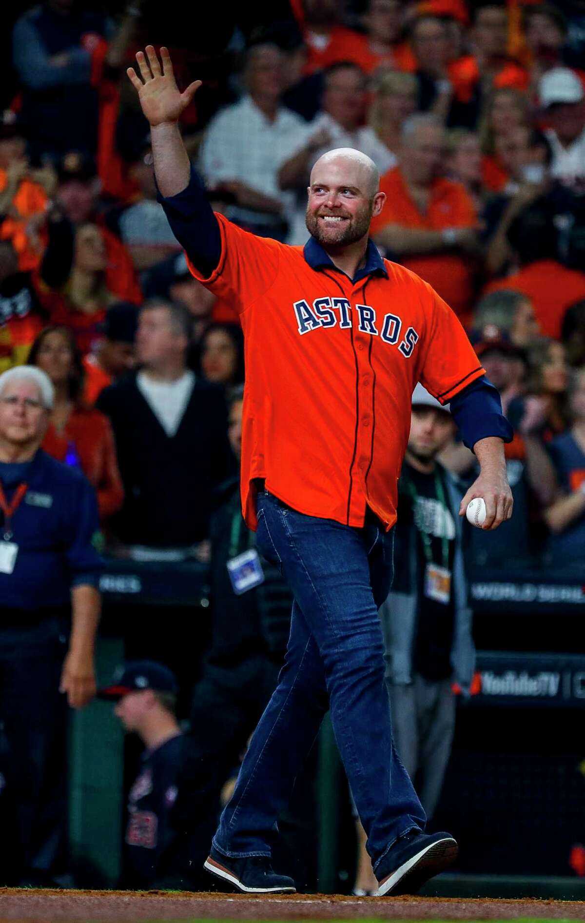 Brian McCann is recognized by the crowd before Game 1 of the World Series at Minute Maid Park in Houston on Tuesday, Oct. 22, 2019.